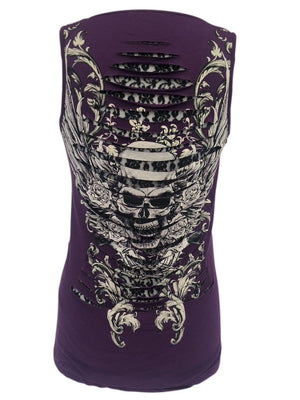 Womens Purple with Rhinestones Skull and Cutout Back Tank Top