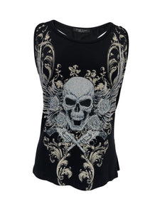 Womens Black Tank Top with Rhinestone Skull