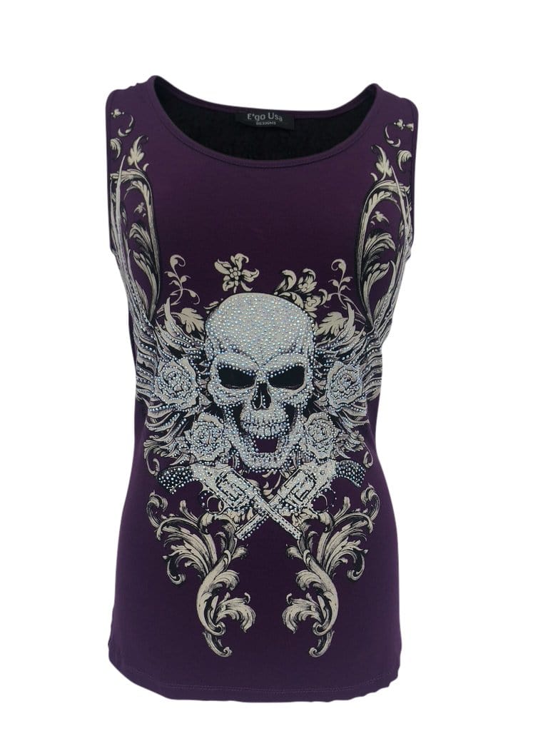 Womens Purple with Rhinestones Skull and Cutout Back Tank Top