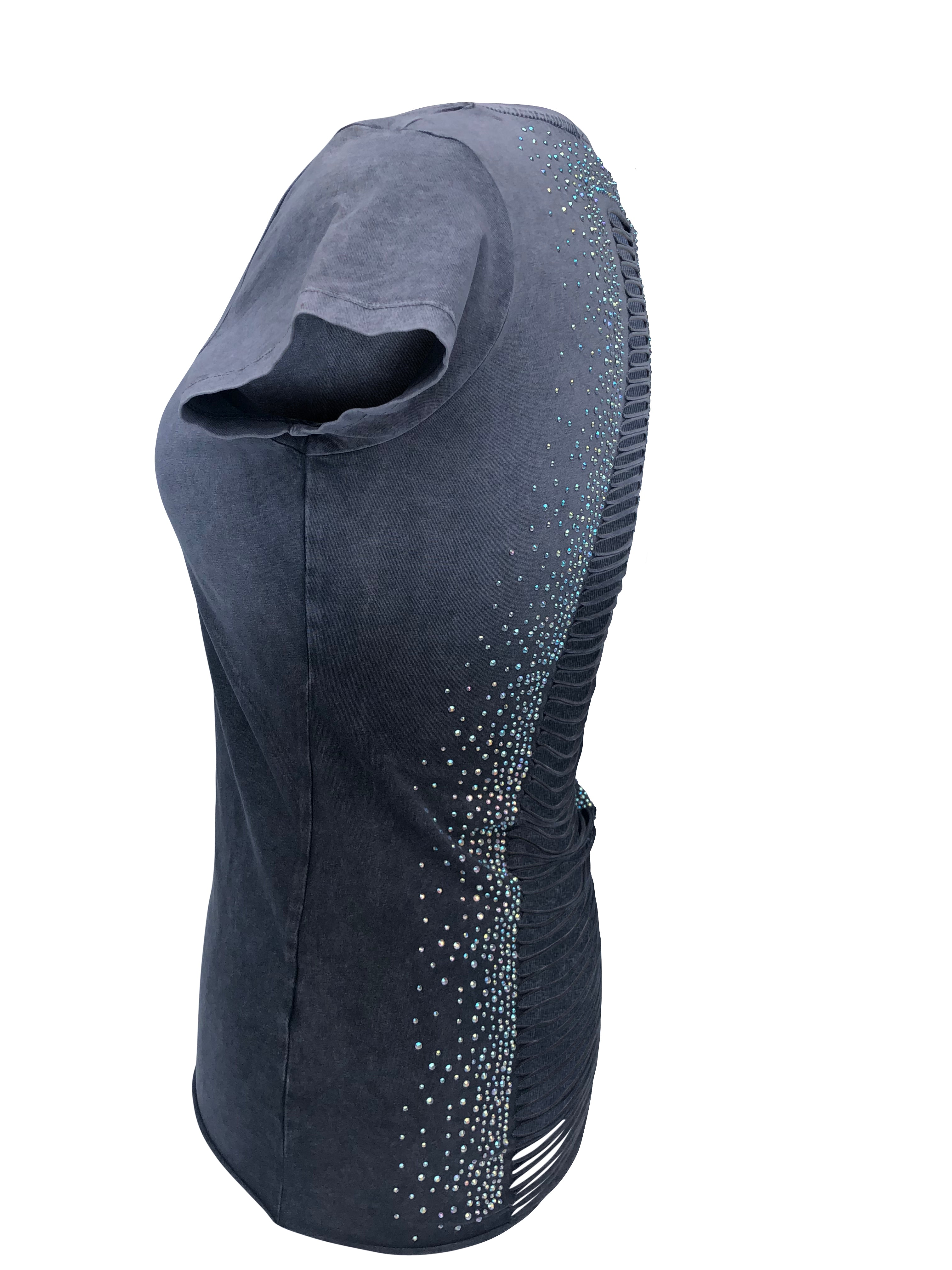 Women's Charcoal Top Light Ombre Open Back with Rhinestones Shirt