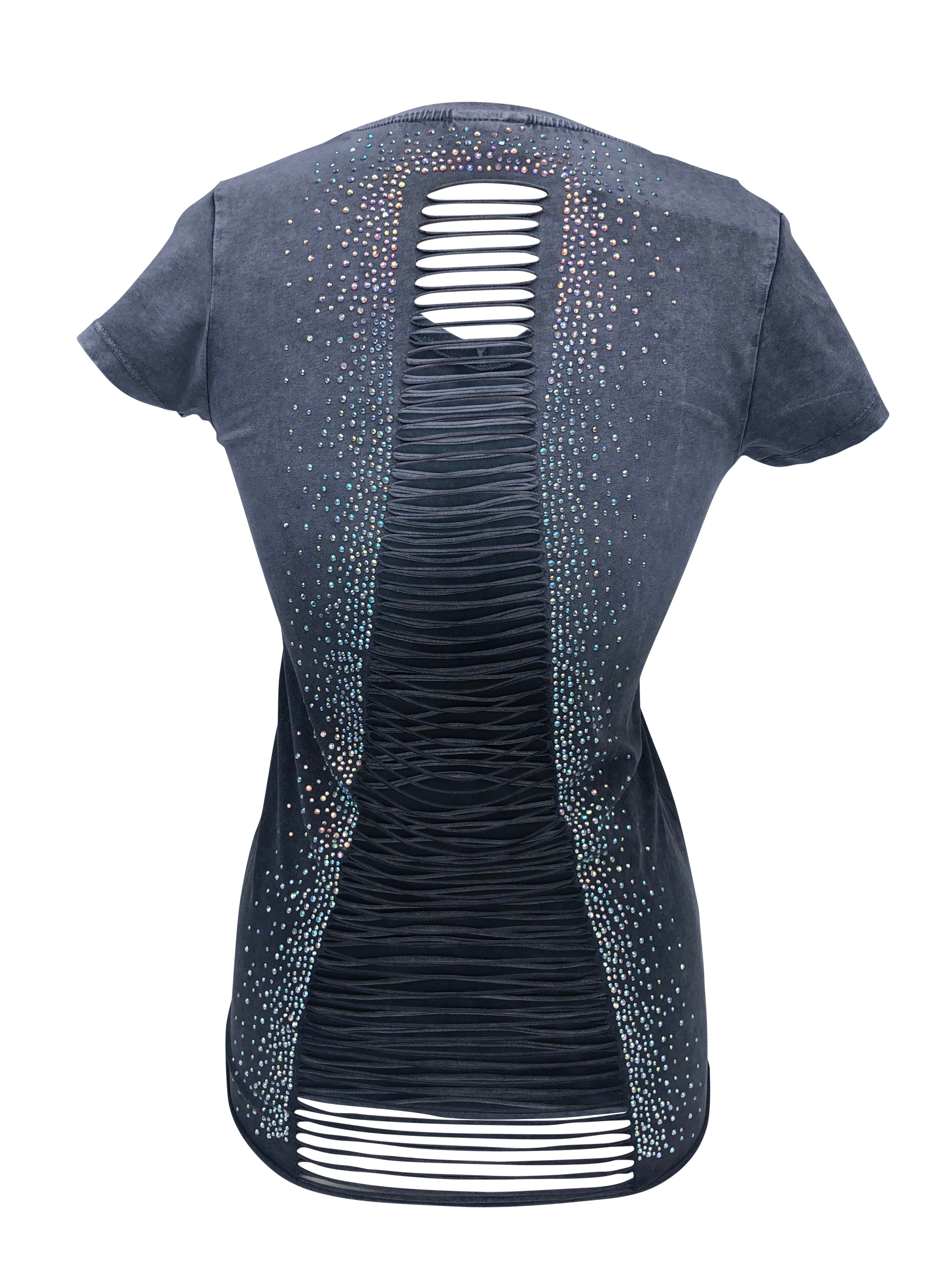 Women's Charcoal Top Light Ombre Open Back with Rhinestones Shirt