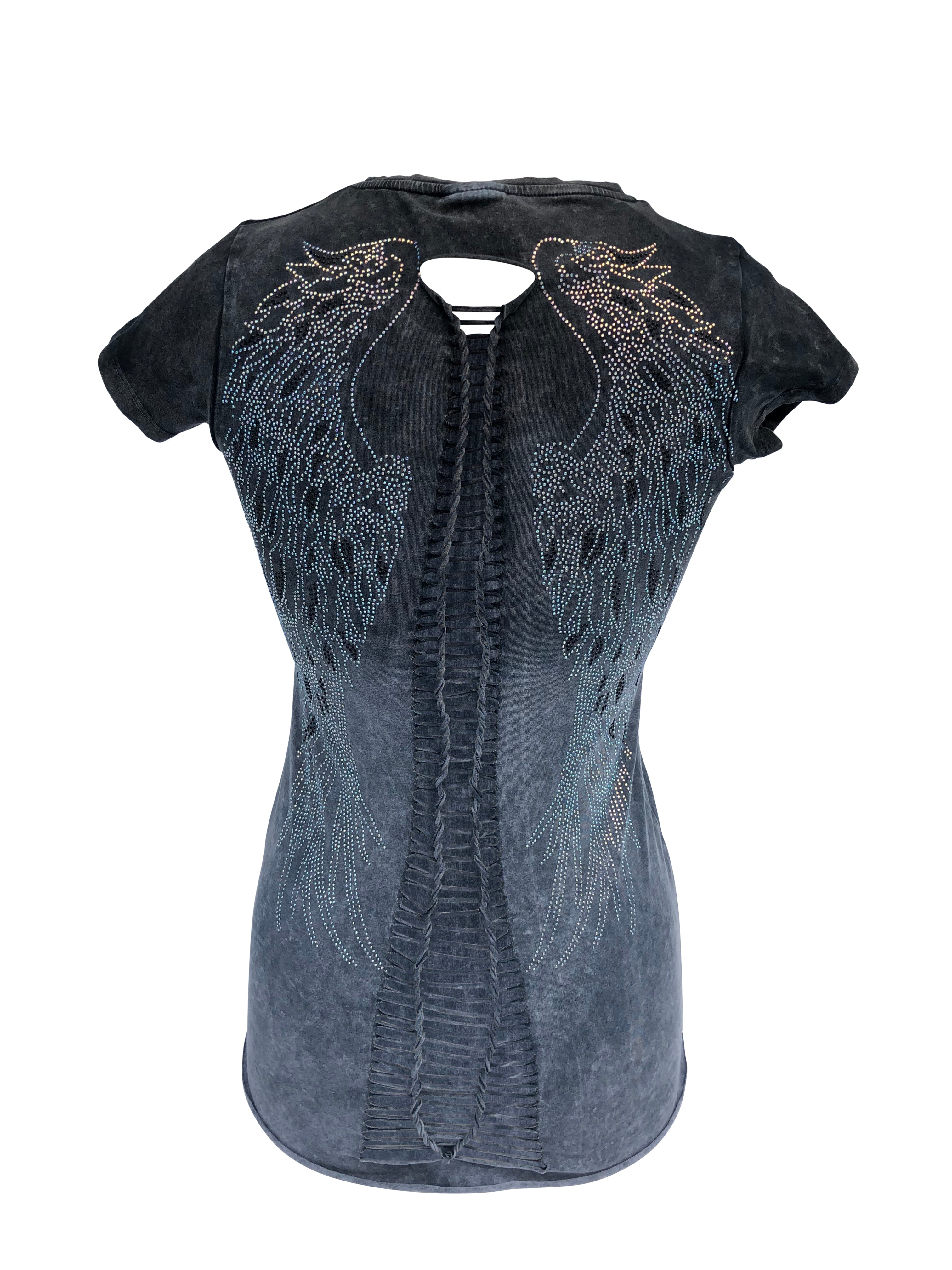 Women's Charcoal Ombre Bottom Light Winged Back with Rhinestones Shirt