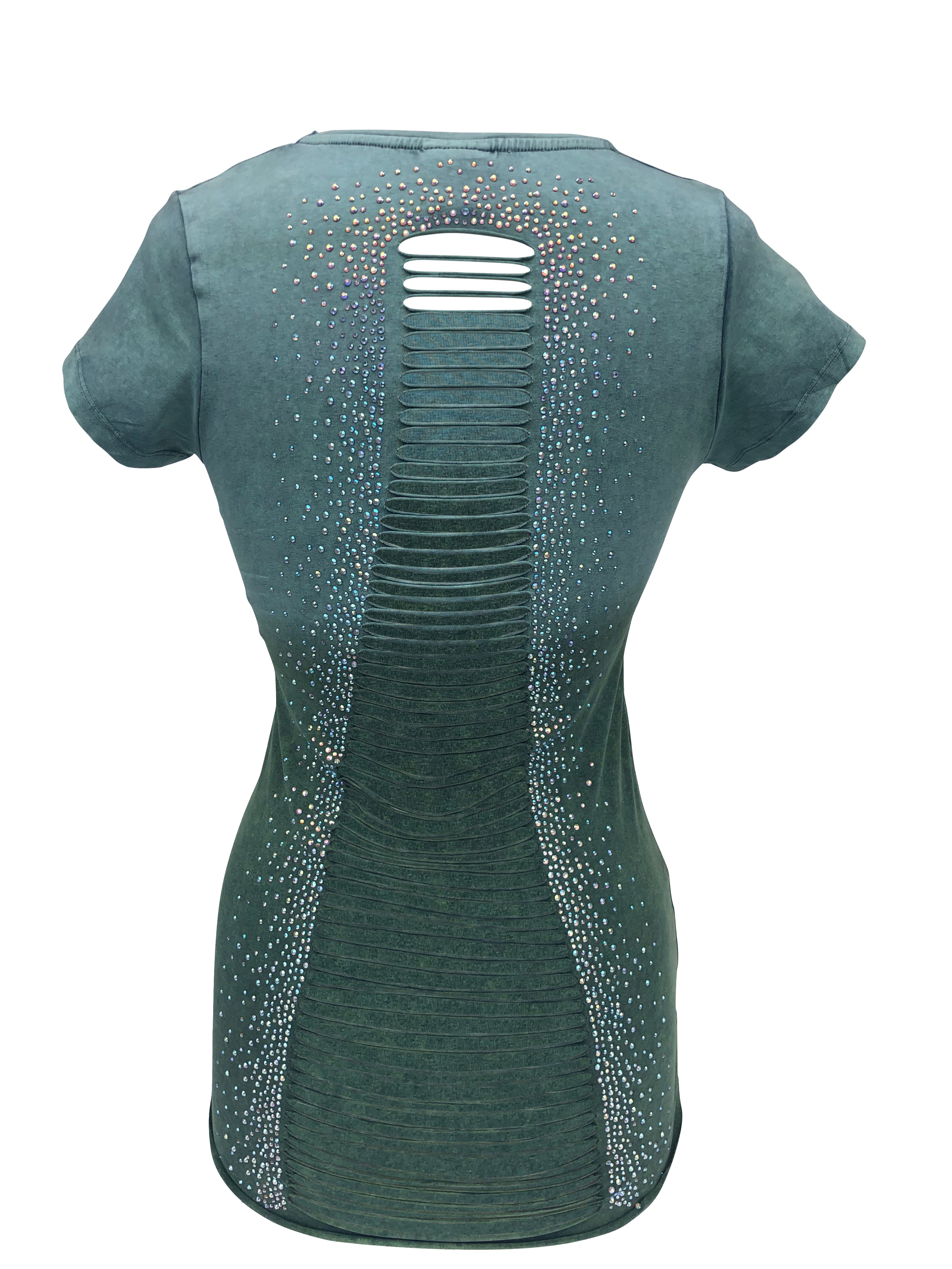 Women's Green Open Back with Rhinestones Shirt
