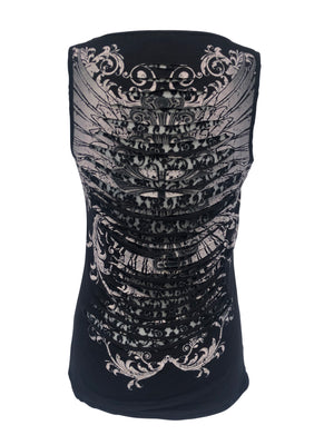 Womens Black with Rhinestones Cross and Cutout Back Tank Top