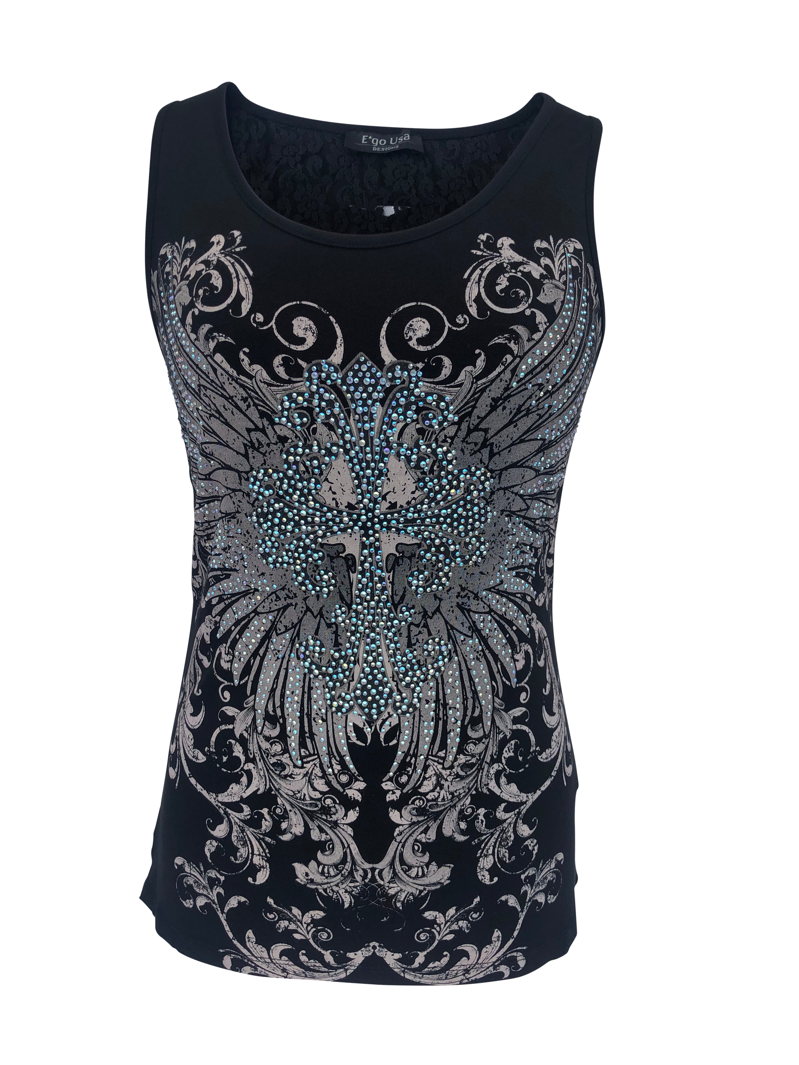 Womens Black with Rhinestones Cross and Cutout Back Tank Top