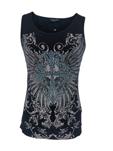 Womens Black with Rhinestones Cross and Cutout Back Tank Top