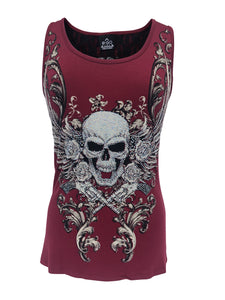 Womens Maroon with Rhinestones Skull and Cutout Back Tank Top