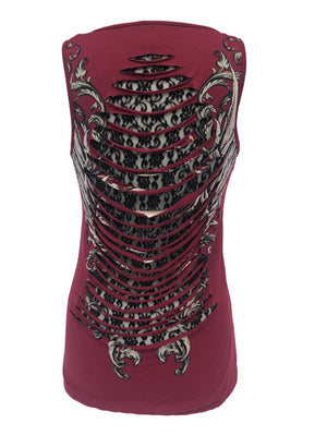 Womens Maroon with Rhinestones Skull and Cutout Back Tank Top
