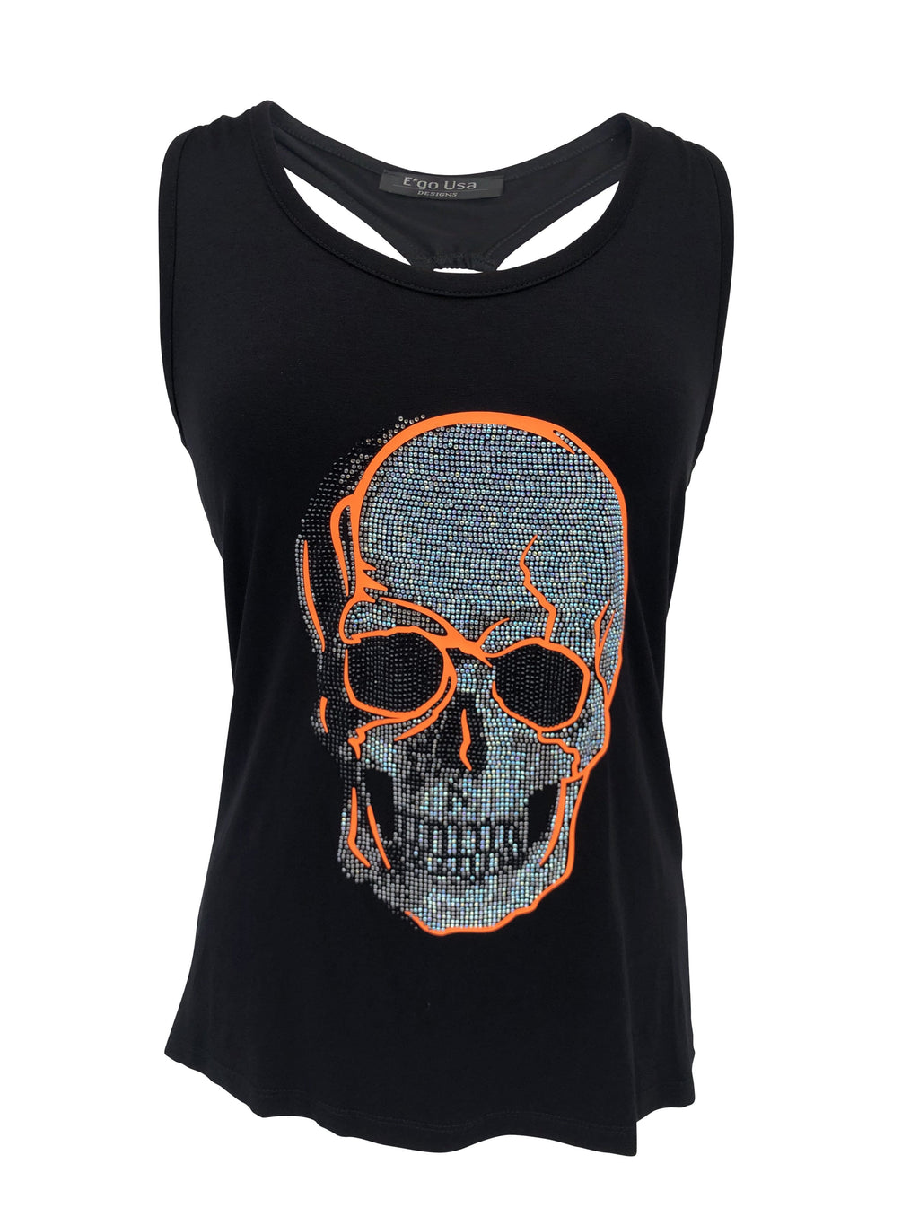 Womens Neon Orange Skull Tank Top with Rhinestones