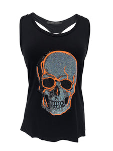 Womens Neon Orange Skull Tank Top with Rhinestones