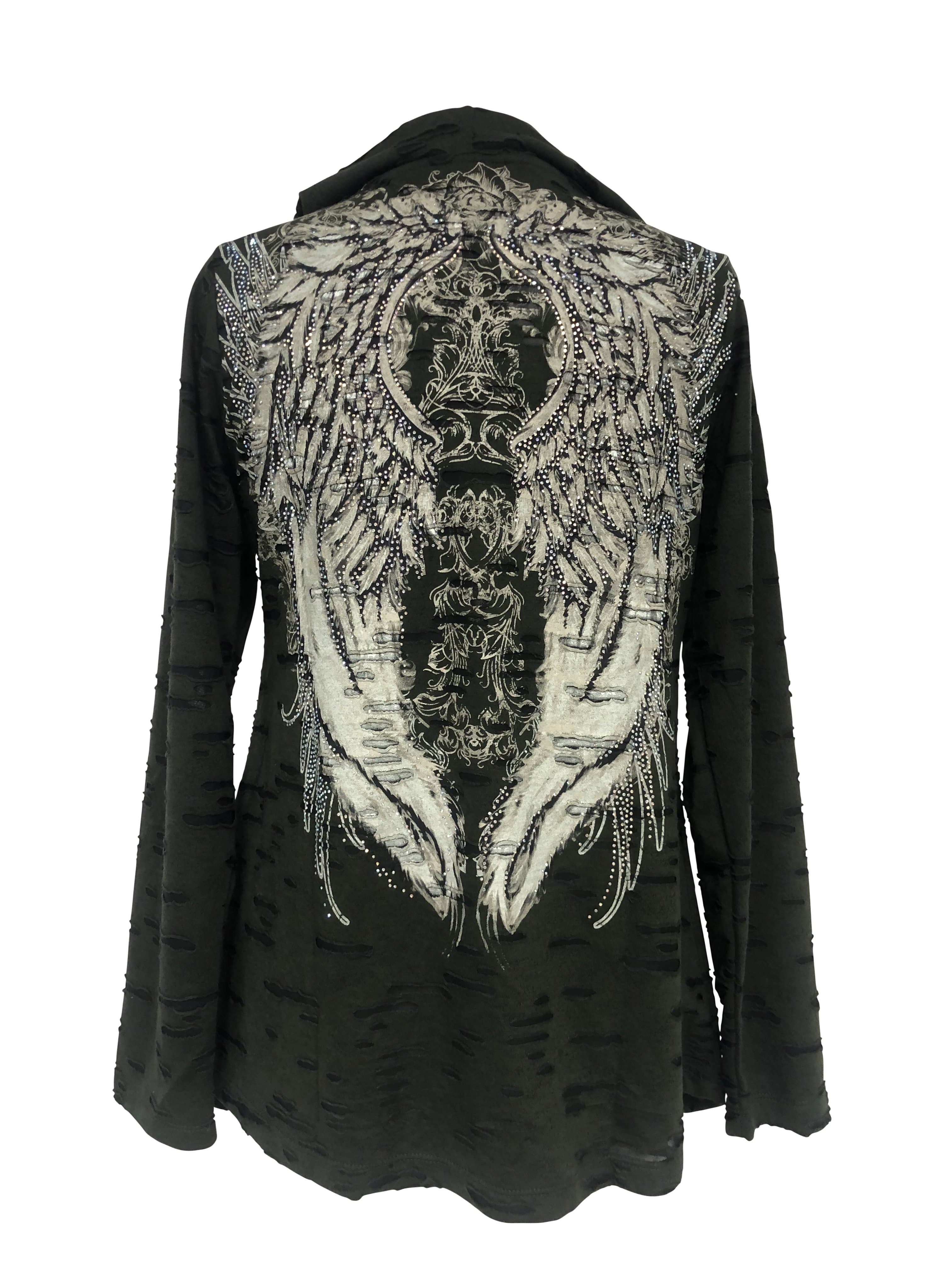 Womens Green Hooded Poncho with Wing Pattern and Rhinestones on the Back