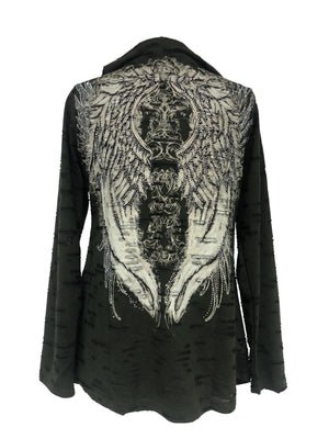 Womens Green Hooded Poncho with Wing Pattern and Rhinestones on the Back