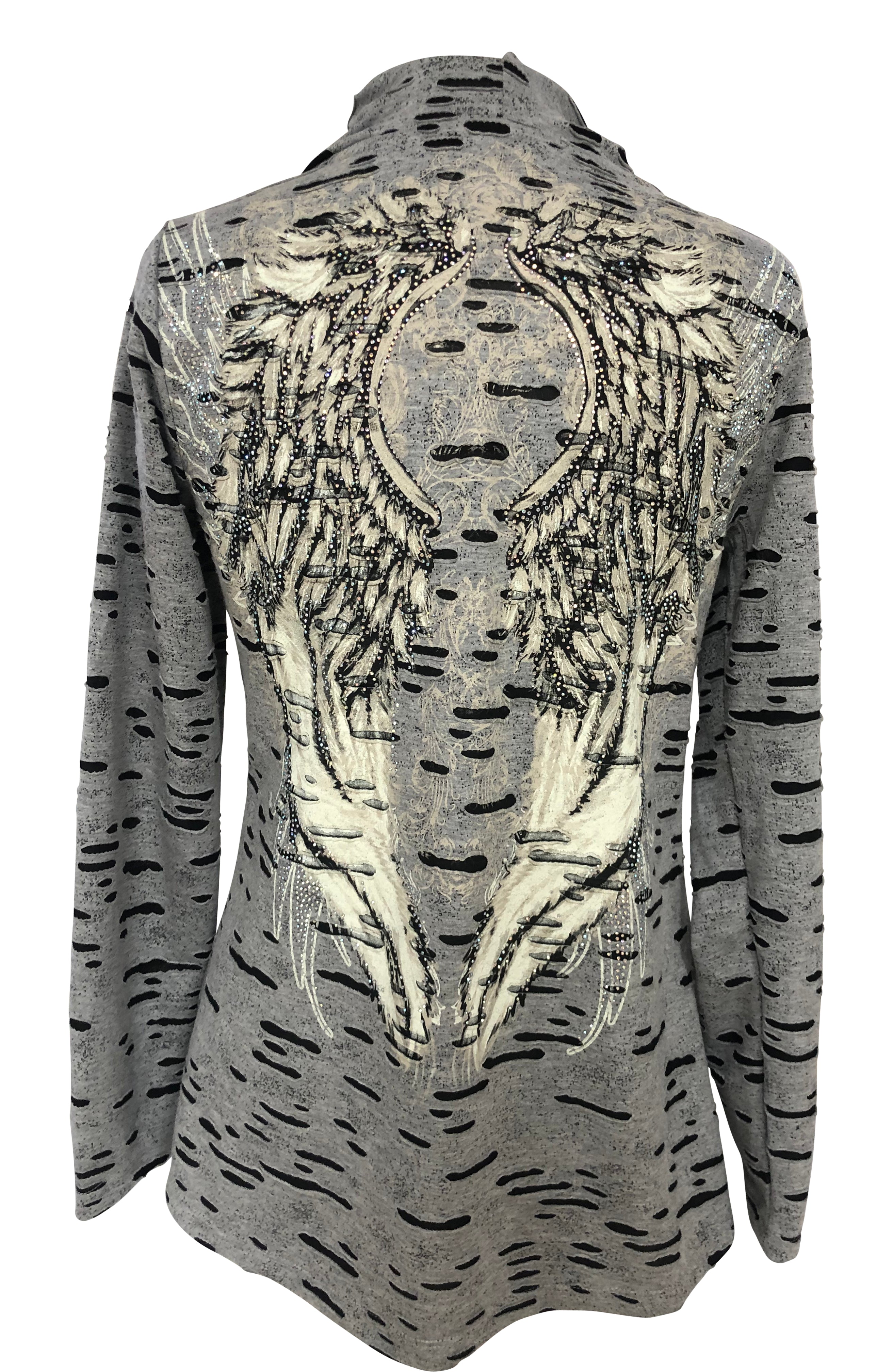 Womens Grey Hooded Poncho with Wing Pattern and Rhinestones on the Back