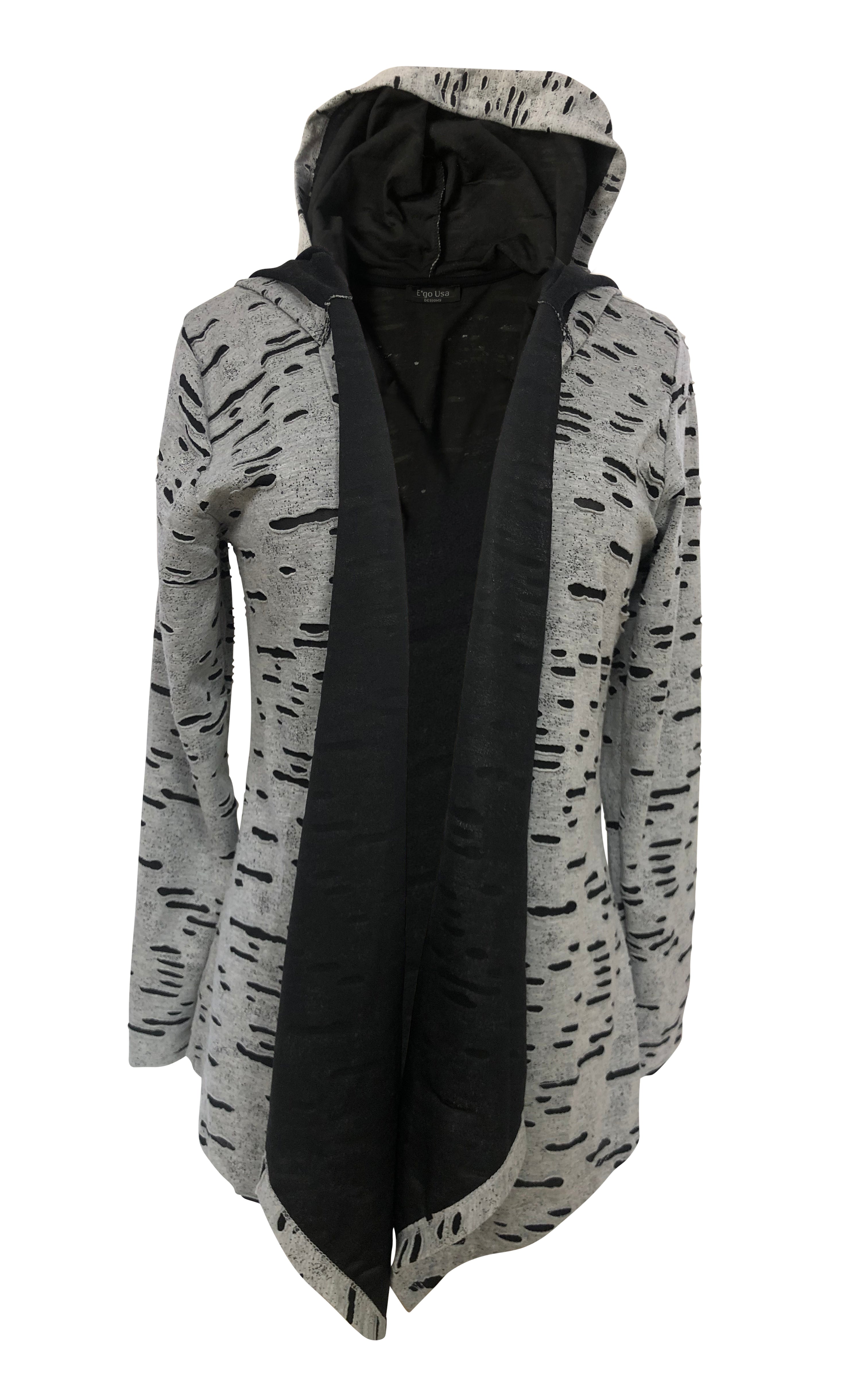 Womens Grey Hooded Poncho with Wing Pattern and Rhinestones on the Back