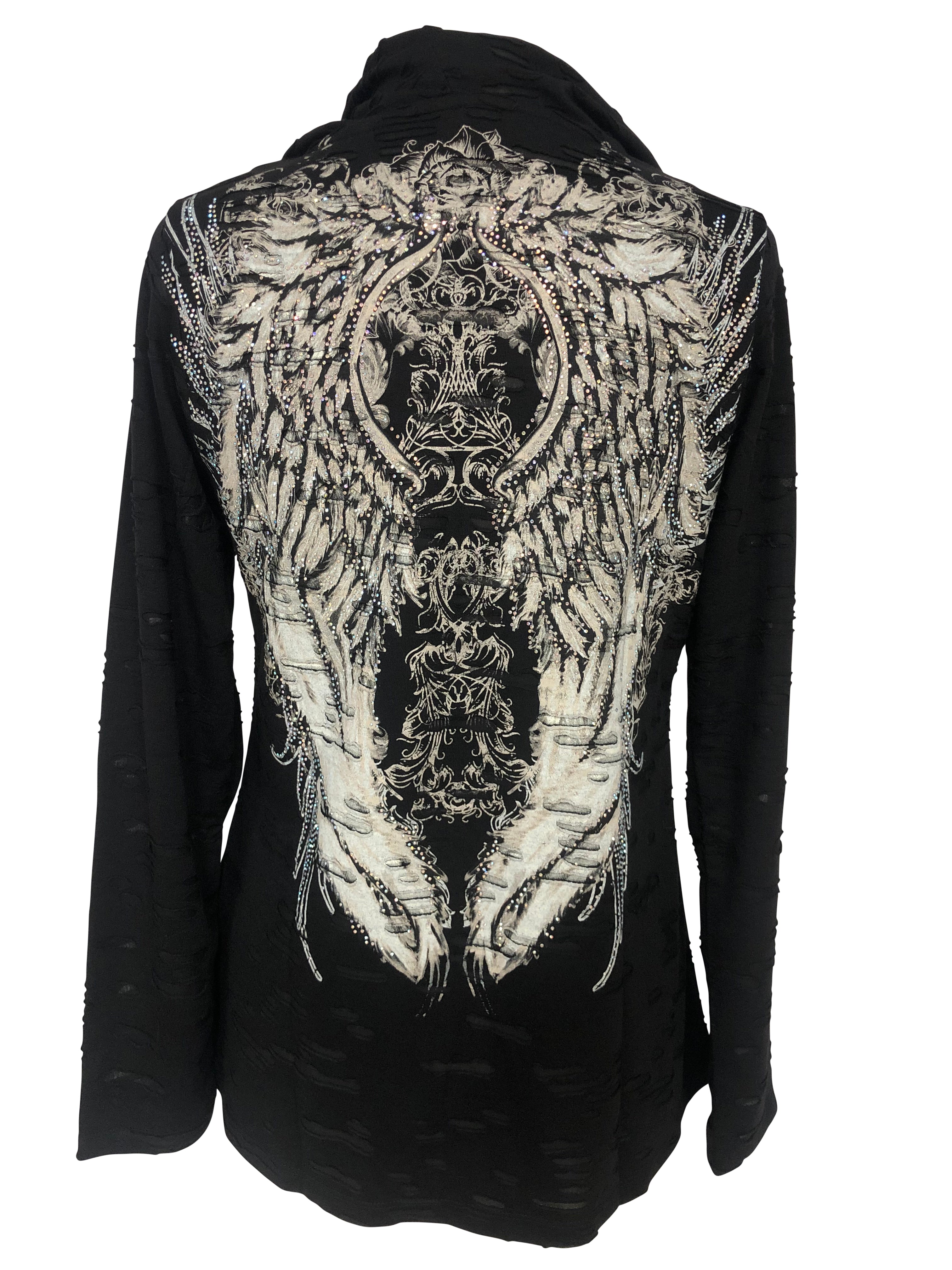 Womens Black Hooded Poncho with Wing Pattern and Rhinestones on the Back