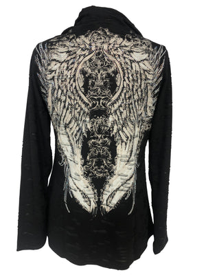 Womens Black Hooded Poncho with Wing Pattern and Rhinestones on the Back