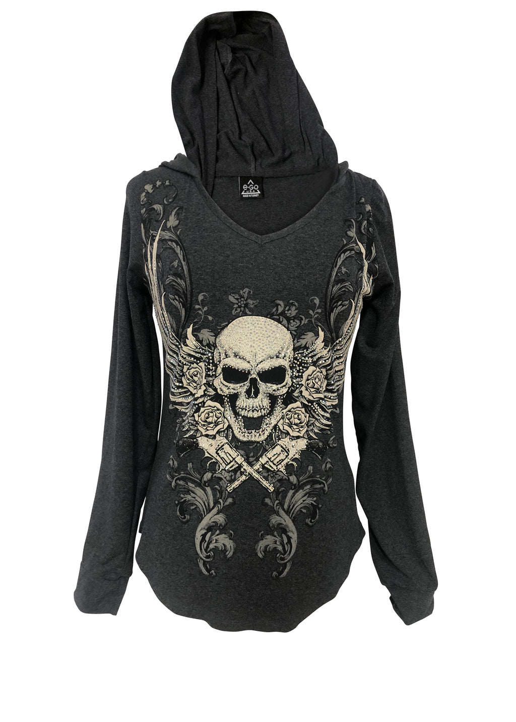 Womens Grey with Skull Rhinestones Long Sleeve Hoodie