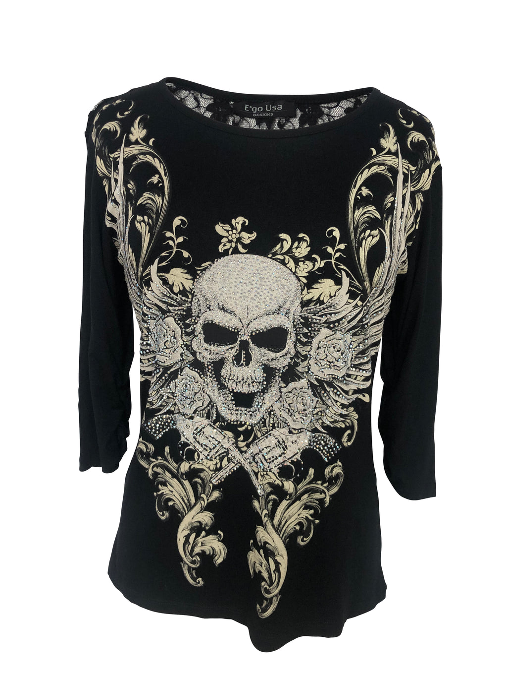 Womens Black with Skull Rhinestones Half Sleeve Shirt