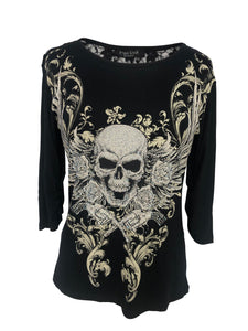 Womens Black with Skull Rhinestones Half Sleeve Shirt