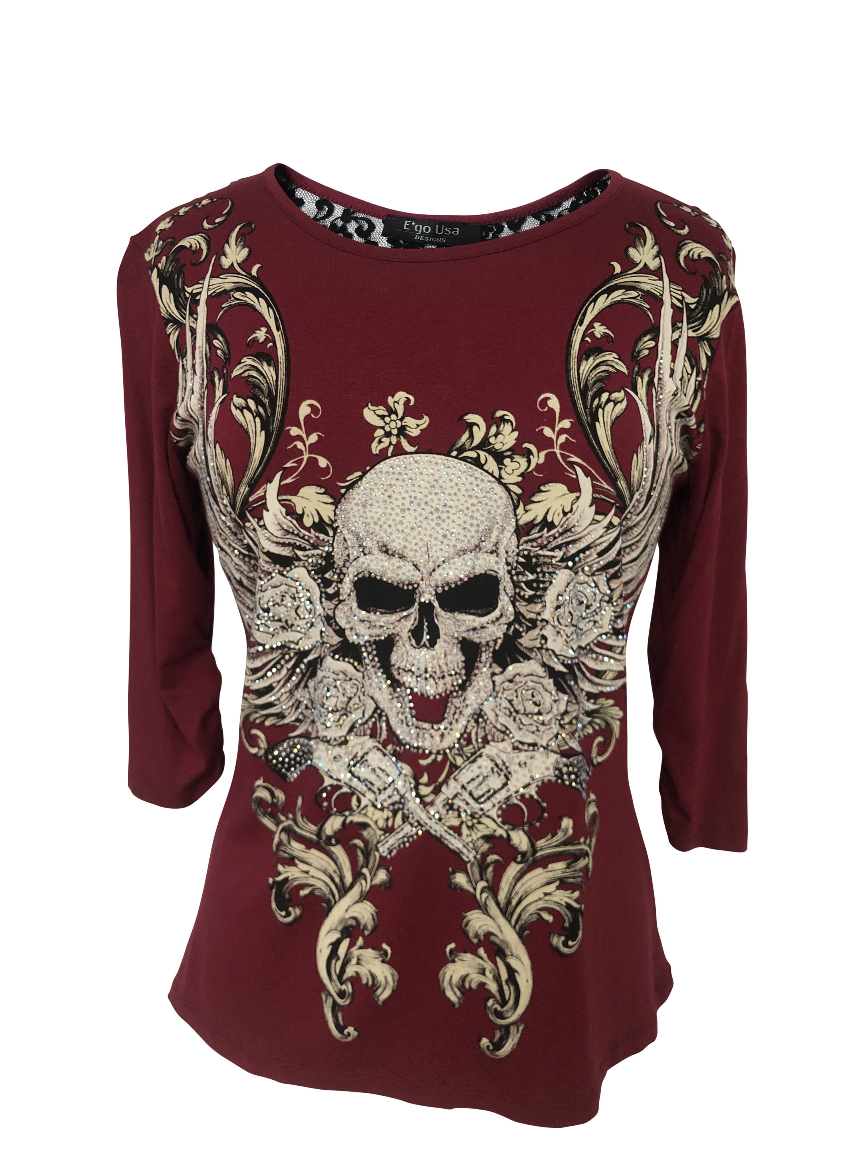 Womens Maroon with Skull Rhinestones Half Sleeve Shirt