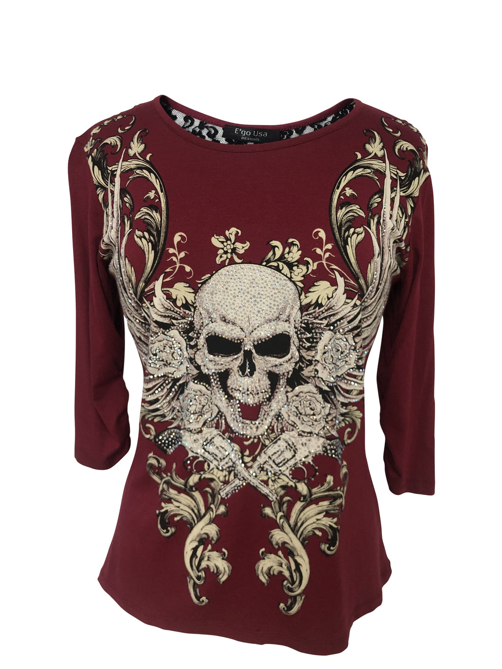 Womens Maroon with Skull Rhinestones Half Sleeve Shirt