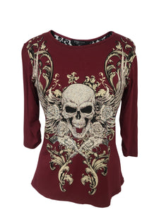 Womens Maroon with Skull Rhinestones Half Sleeve Shirt