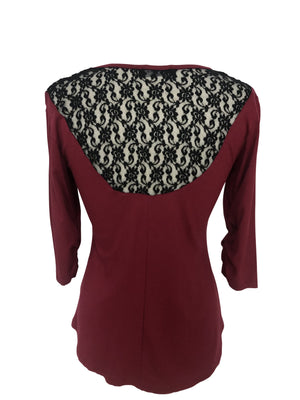 Womens Maroon with Skull Rhinestones Half Sleeve Shirt