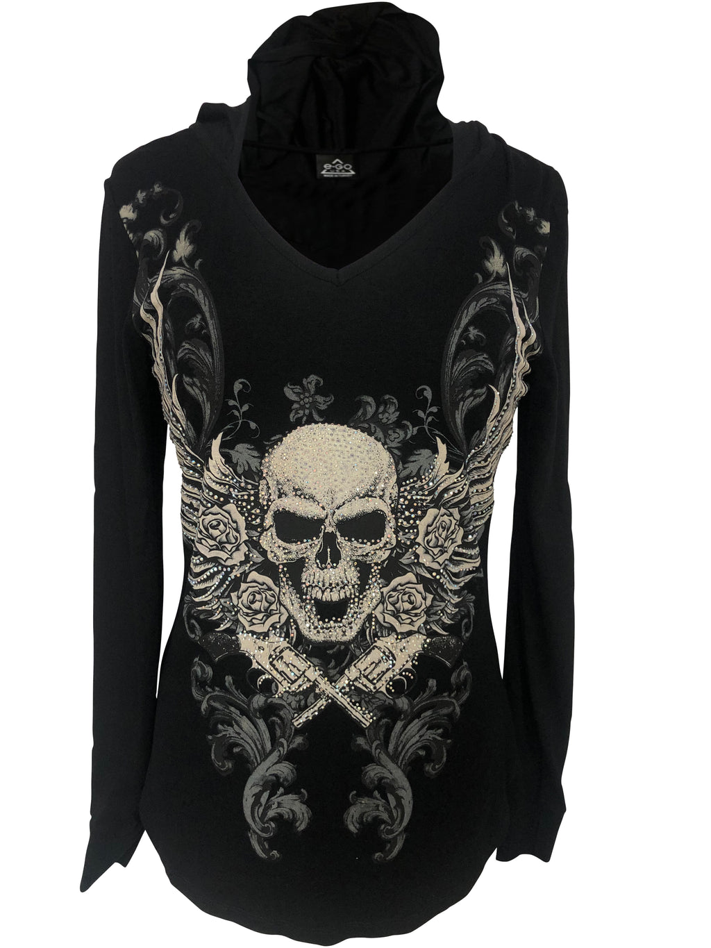 Womens Black with Skull Rhinestones Long Sleeve Hoodie