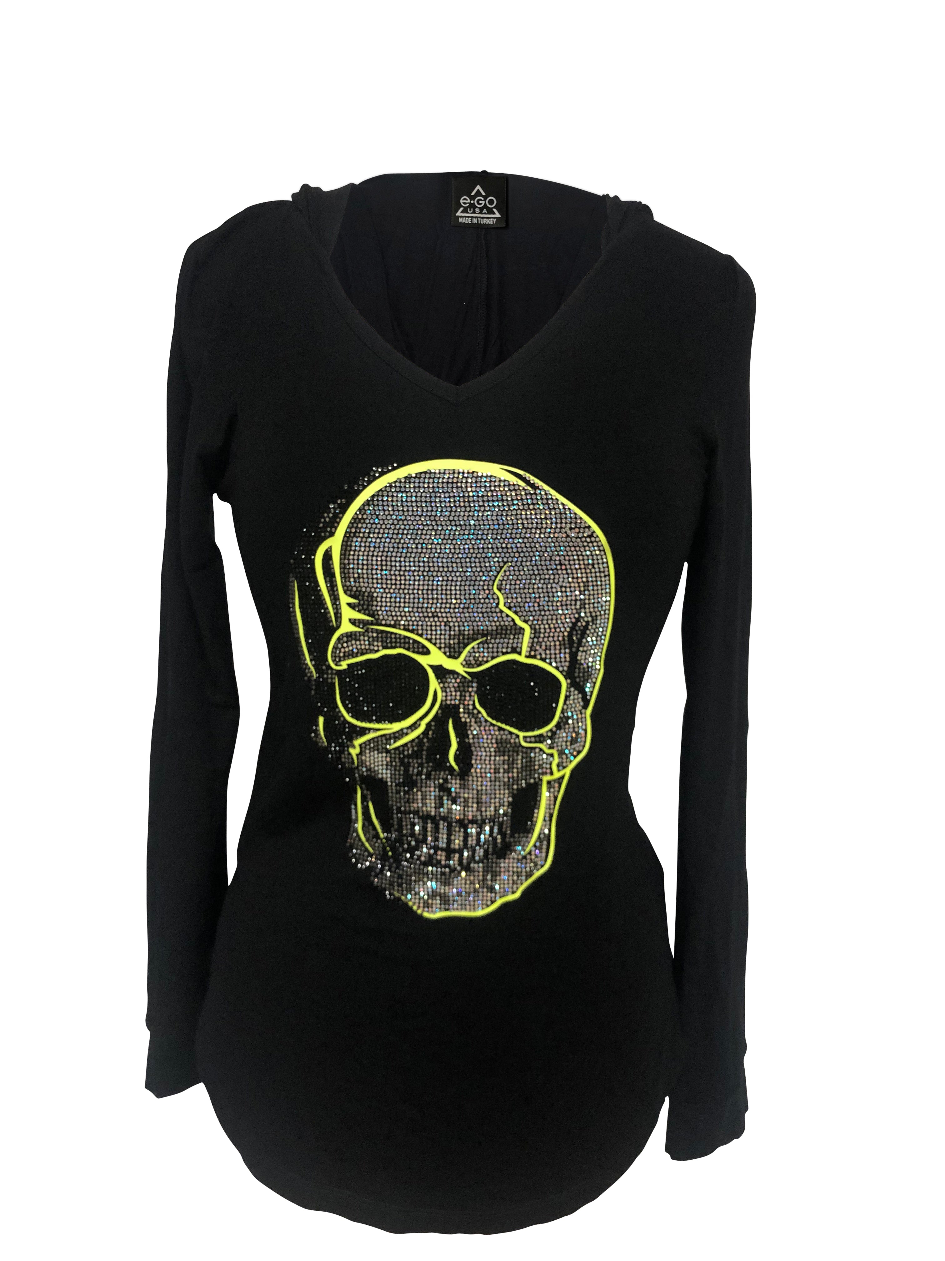 Womens Black with Neon Green Skull Rhinestones Long Sleeve Hoodie