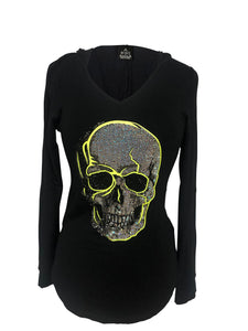 Womens Black with Neon Green Skull Rhinestones Long Sleeve Hoodie