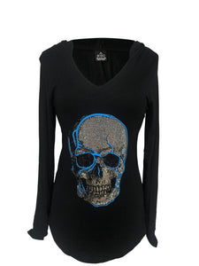 Womens Black with Neon Blue Skull Rhinestones Long Sleeve Hoodie