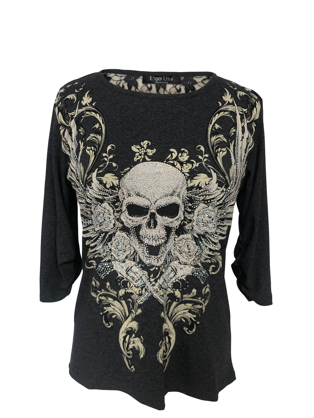 Womens Grey with Skull Rhinestones Half Sleeve Shirt