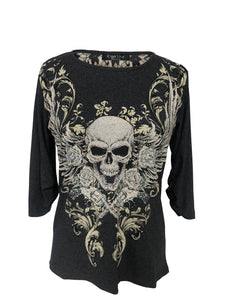 Womens Grey with Skull Rhinestones Half Sleeve Shirt