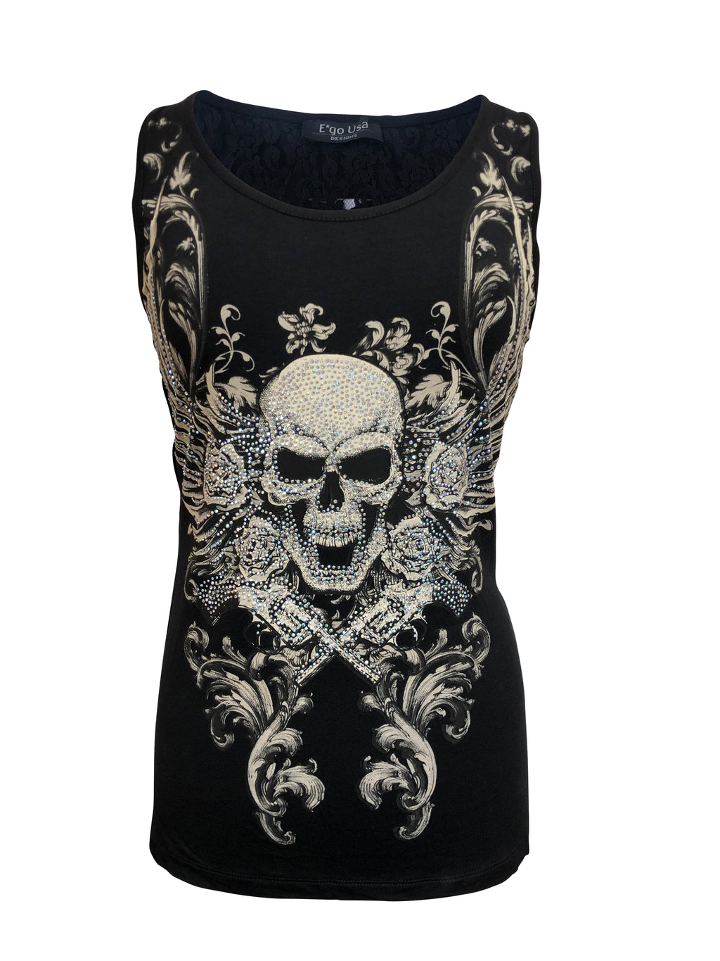 Womens Black with Rhinestones Skull and Cutout Back Tank Top