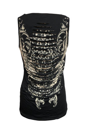 Womens Black with Rhinestones Skull and Cutout Back Tank Top