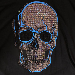 Womens Black with Neon Blue Skull Rhinestones Long Sleeve Hoodie