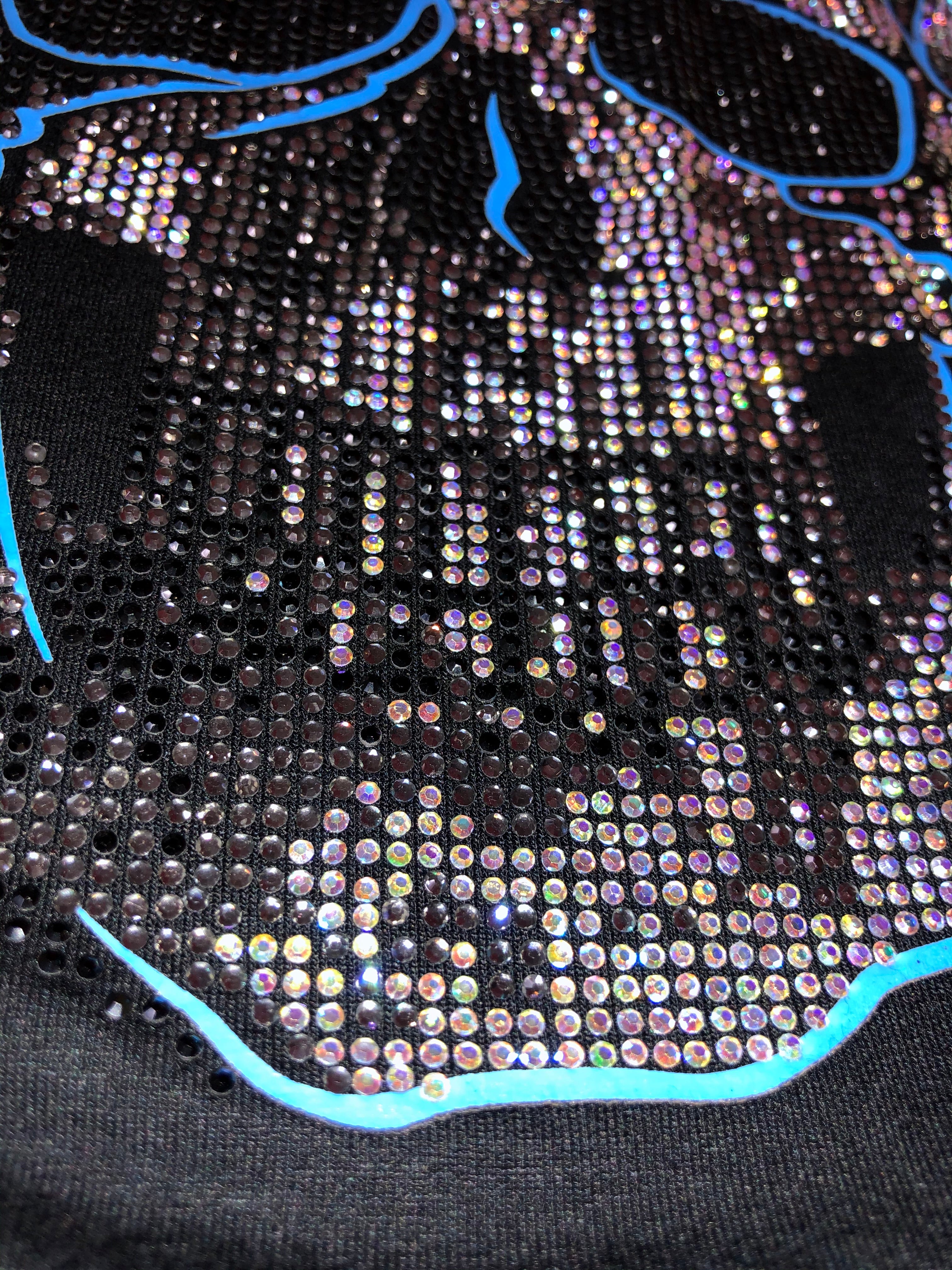 Womens Black with Neon Blue Skull Rhinestones Long Sleeve Hoodie