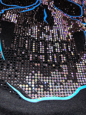 Womens Black with Neon Blue Skull Rhinestones Long Sleeve Hoodie