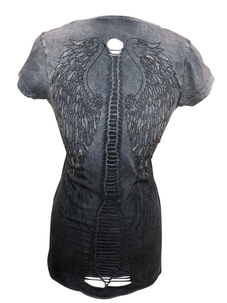 Women's Charcoal Ombre Top Light Winged Back with Rhinestones Shirt