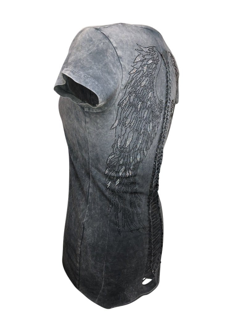 Women's Charcoal Ombre Top Light Winged Back with Rhinestones Shirt