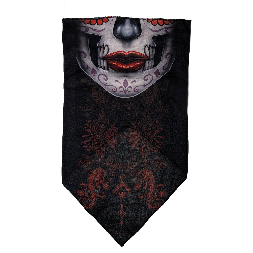 Facemask with Sugar Skull and Faded Red Paisley Background - Slim