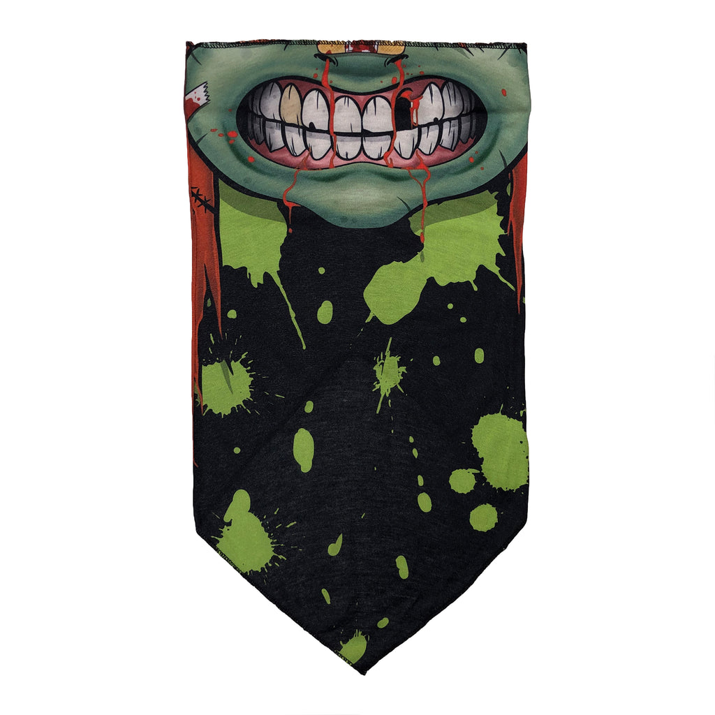 Facemask with Monster Mouth Missing Tooth with Green Splashes on Black Background