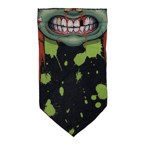Facemask with Monster Mouth Missing Tooth with Green Splashes on Black Background