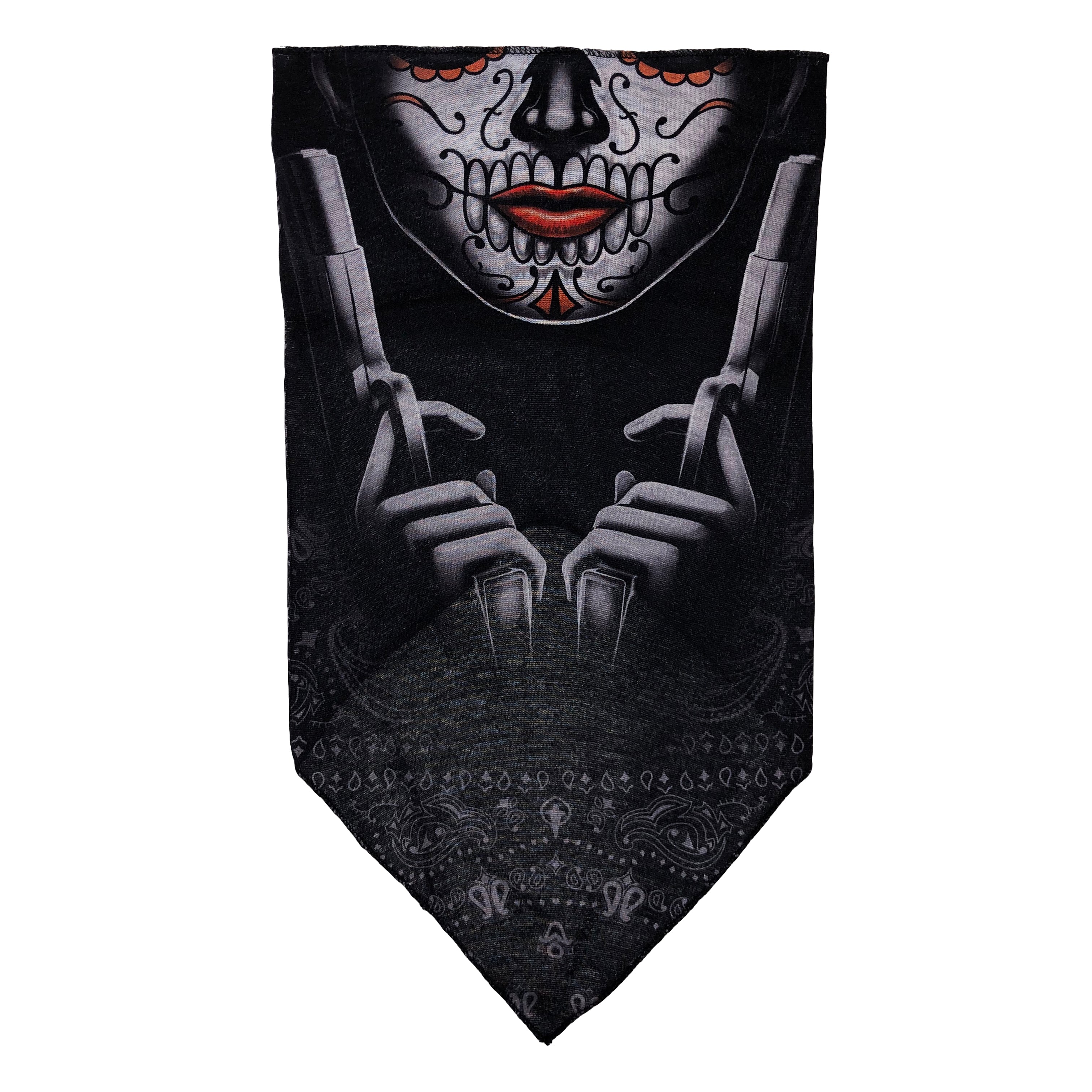 Facemask with Sugar Skull with Guns and Faded White Paisley Background - Slim