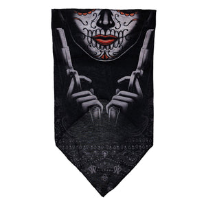 Facemask with Sugar Skull with Guns and Faded White Paisley Background - Slim